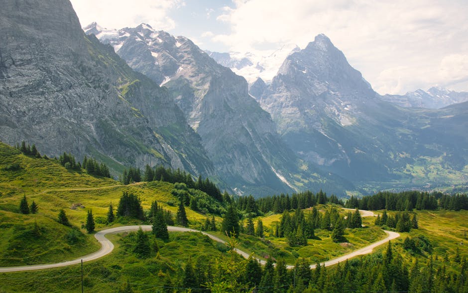 Breathtaking panoramic view of the Swiss Alps and lush meadows in Grindelwald, Switzerland.