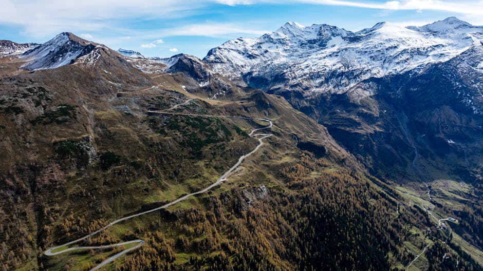A breathtaking aerial view of the Grossglockner High Mountain Road in Kärnten, Austria with majestic alpine mountains.