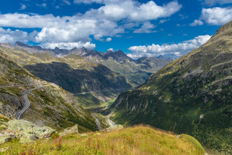 Breathtaking view of the Swiss Alps and winding roads in Lauterbrunnen, Switzerland.